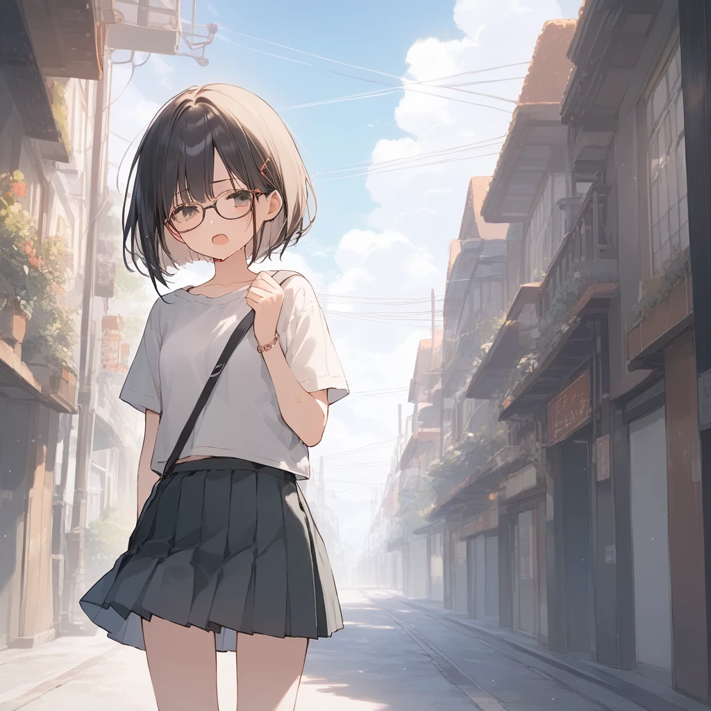 score_9, score_8_up, score_7_up, source_anime, best quality, masterpiece, official art, absurdres, highres, ultra-detailed,waifu2x,Collection: Slice of Life,break,1girl, short hair, glasses, serahuku, small breasts, disgusted eyes, beautiful detailed eyes, pleated skirt,sweat, open mouth, (yawn:0.3), sleepily, outdoors, wing, break,(clear line illustration:1.2), super detailed skin,very high resolution, very aesthetic, Best sexual lighting powered by famous artist, 8k,cute picture,beauty illustration,photoshop_(medium),,(Detailed Lighting),best anime 8k konachan wallpaper, pixiv contest winner,