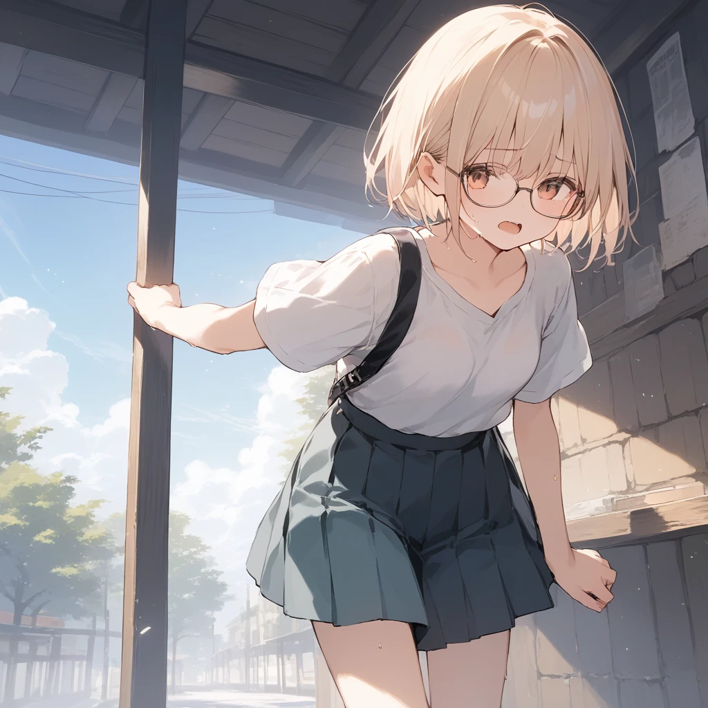 score_9, score_8_up, score_7_up, source_anime, best quality, masterpiece, official art, absurdres, highres, ultra-detailed,waifu2x,Collection: Slice of Life,break,1girl, very short hair,pixie cut, long bangs, glasses, small breasts, skirt, sweat, open mouth, outdoors, summer, break,(clear line illustration:1.2),very high resolution, very aesthetic, super detailed skin, Best sexual lighting powered by famous artist, 8k,cute picture,beauty illustration,photoshop_(medium),,(Detailed Lighting),best anime 8k konachan wallpaper, pixiv contest winner,