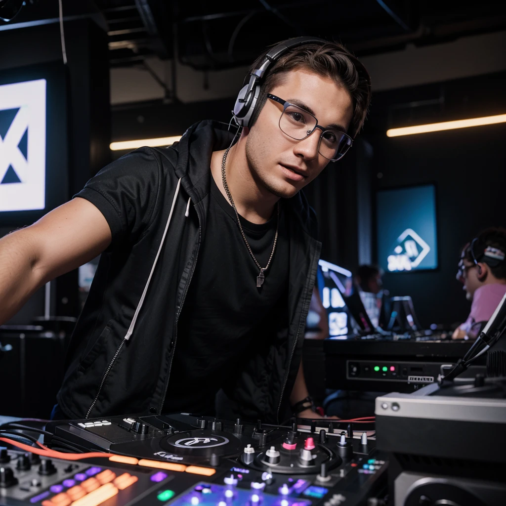 25 year old male DJ, glad, with glasses and large headphones, playing a rave.