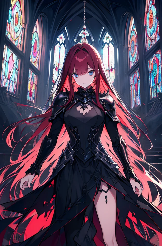 extremelydetailedwallpaper, Ultra-detailed details, detailed shadow, very precise detail, Extremely detailed 8k wallpaper, very fine 8KCG wallpapers,An old abandoned church. Her black dress was torn and stained in some places. red hair was long and fluffy. Light enters through cracked stained glass windows.((black knight costume)),