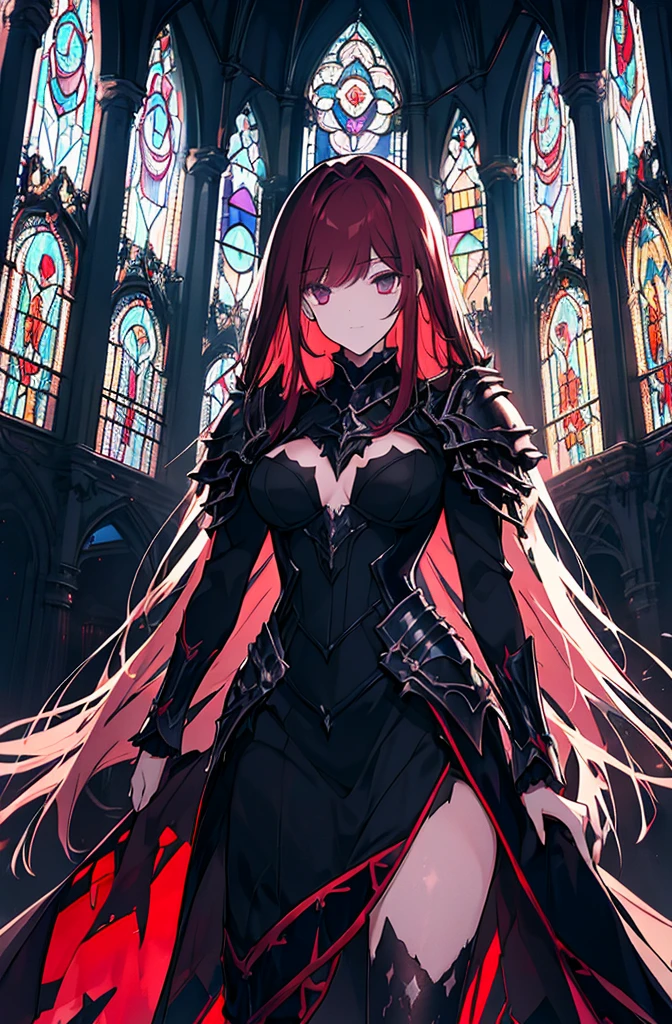 extremelydetailedwallpaper, Ultra-detailed details, detailed shadow, very precise detail, Extremely detailed 8k wallpaper, very fine 8KCG wallpapers,An old abandoned church.  Her black dress was torn and stained in some places. red hair was long and fluffy. Light enters through cracked stained glass windows.((black knight costume)),