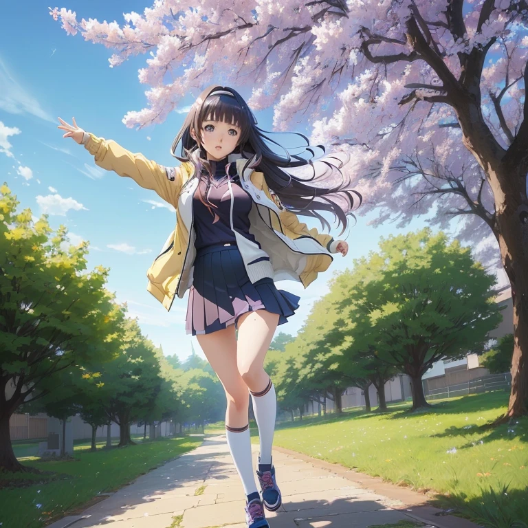 anime girl in a short skirt and jacket walking down a path, the anime girl is running, smooth anime cg art, beautiful anime high school girl, anime style 4 k, anime art wallpaper 8 k, high detailed official artwork, anime art wallpaper 4 k, anime art wallpaper 4k, hinata hyuga, official artwork, beautiful anime girl