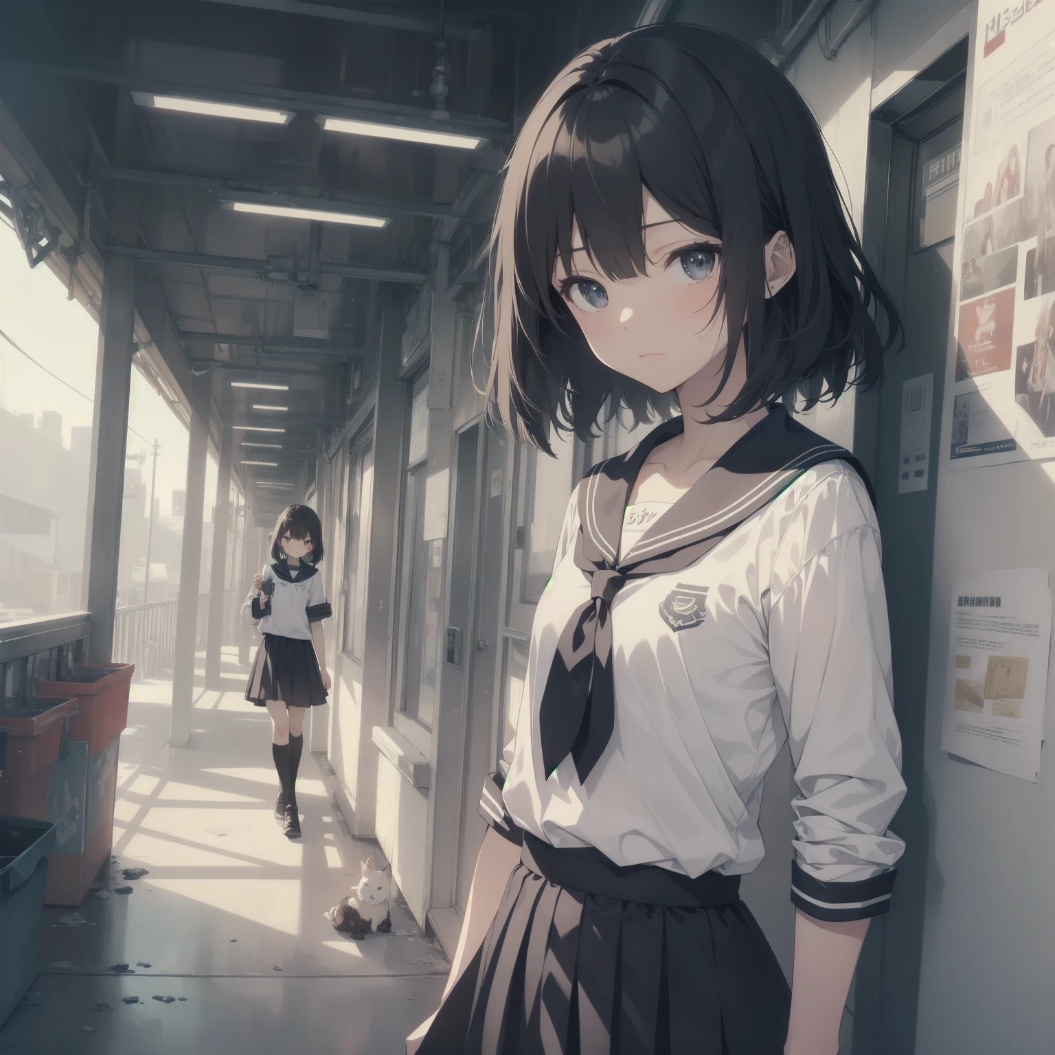 ultra-absurdres-Top quality by artist God, ultra-detailed, high resolution, anime moe artstyle, best anime 8k konachan wallpaper, pixiv contest winner, pool:2810, perfect anatomy,break, 1girl, (Please draw a girl walking sleepily to school alone. )break,(Solo,little female, 13-year-old:1.3),Full limbs, complete fingers,a junior high school student, (very short hair), short cut, flat chest, , small butt, small black eyes, beautiful detailed eyes, well-proportioned iris and pupils, expressive eyes, highres detailed hair, soft expression, salor school_uniform, sailor collar, serahuku, bow, pleated skirt,(Detailed Lighting), (Detailed background), in the School commute route. break,super detailed skin, Best cinematic lighting powered by famous artist, 8k,beauty illustration,photoshop_(medium),very aesthetic,break,((artist:kotorai )), artist:clamp ,artist:carnelian ,artist:kantoku ,