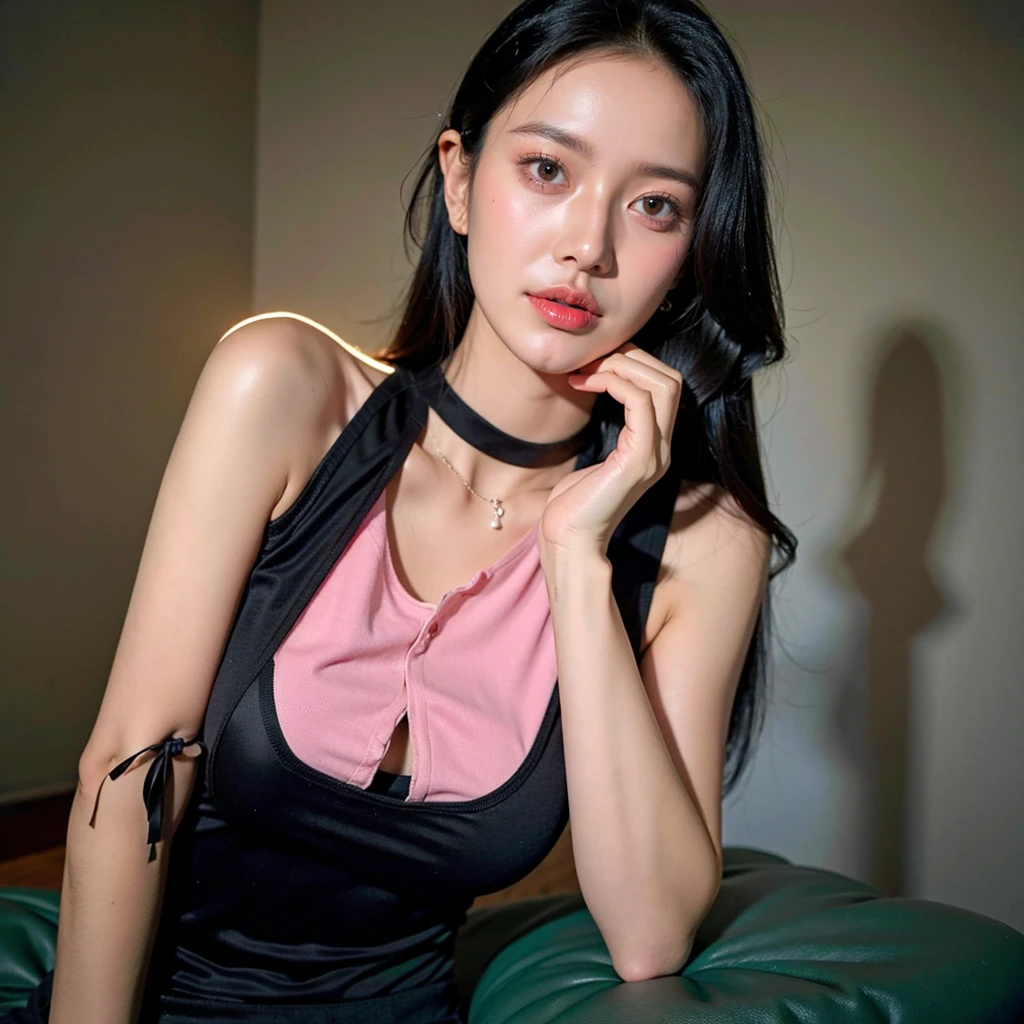 best quality, beautiful shape, ultra high res, (photorealistic:1.4), perfect girl, pretty girl, tanktop black shirt, black tight skirt, black choker, (faded ash gray hair:1), medium breasts, looking at viewer, closeup, (pretty face) , southeast asia girl.