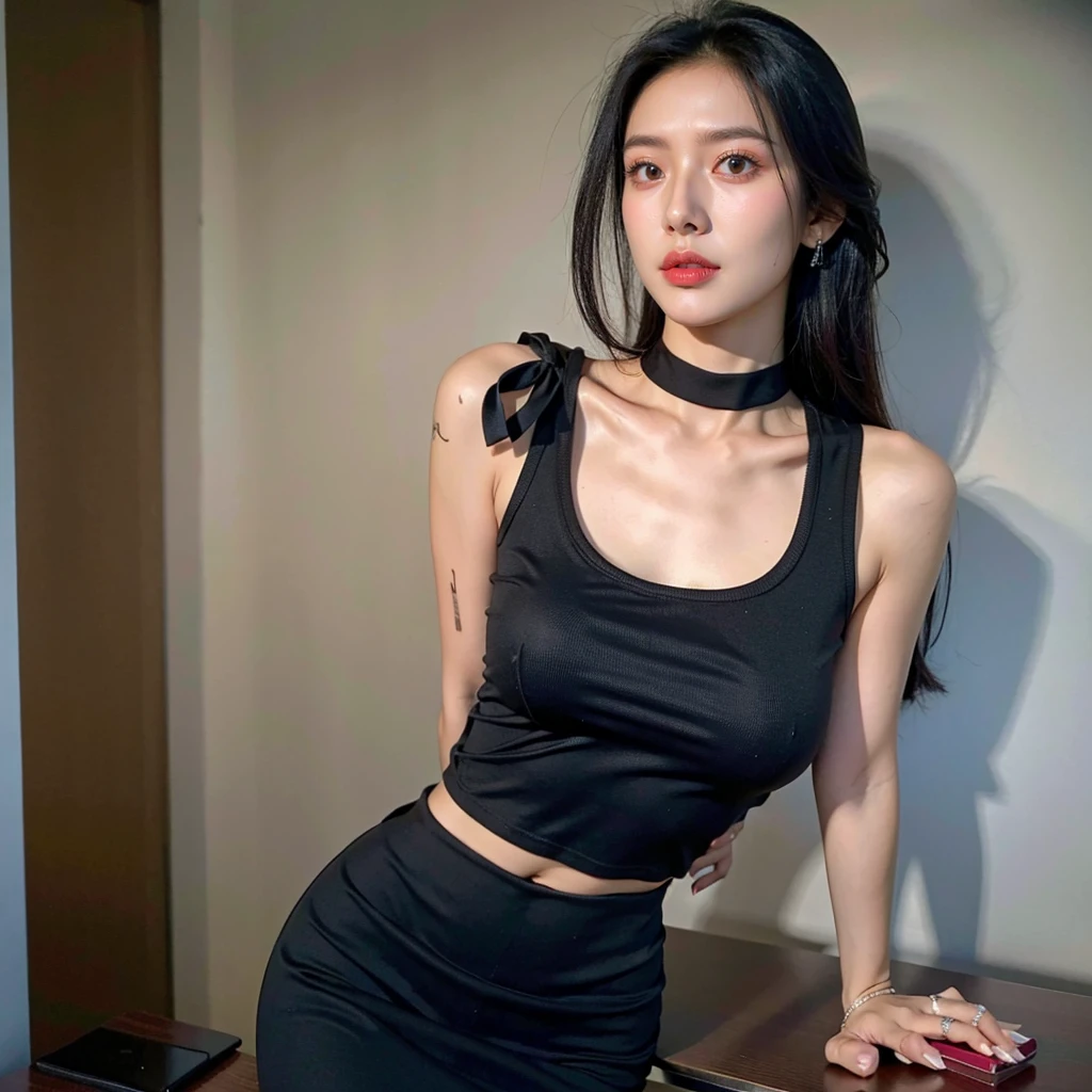 best quality, beautiful shape, ultra high res, (photorealistic:1.4), perfect girl, pretty girl, tanktop black shirt, black tight skirt, black choker, (faded ash gray hair:1), medium breasts, looking at viewer, closeup, (pretty face) , southeast asia girl. 