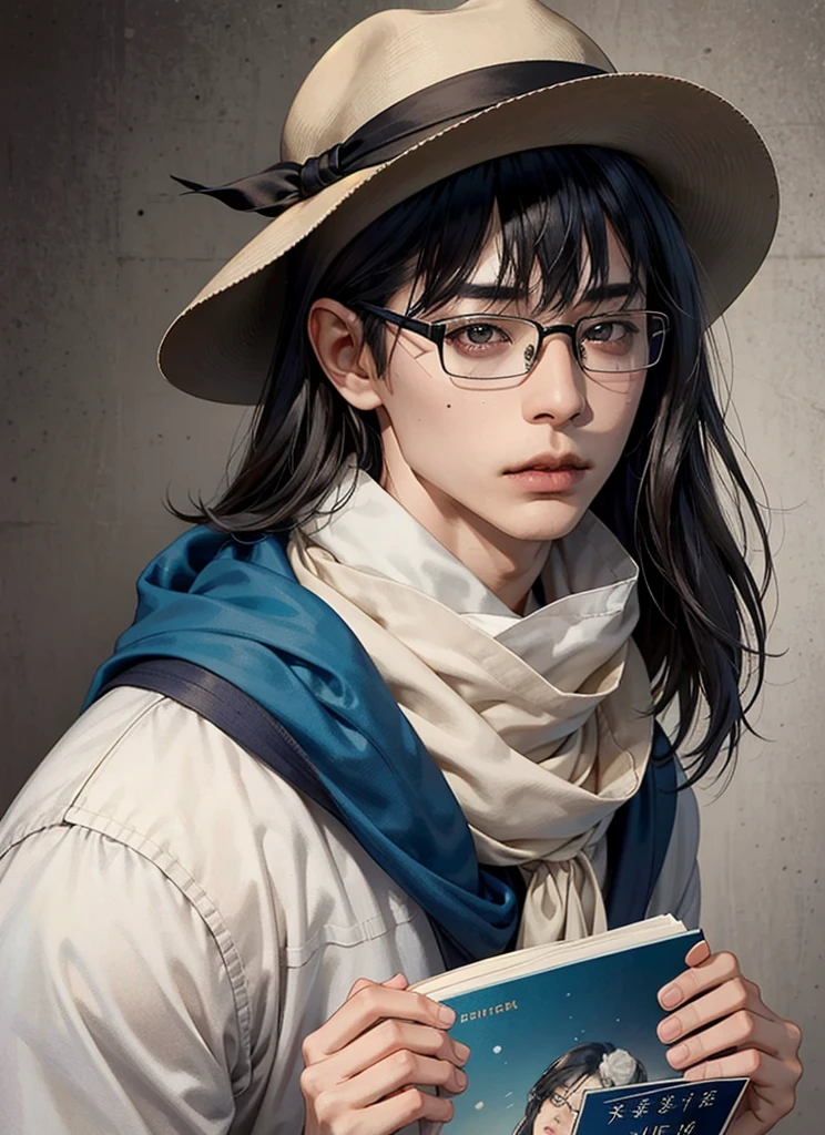 1boy, a picture inspired by Leng Mei, tumblr, shin hanga, with bangs, janice sung, wan adorable korean face, neat hair with bangs, only a few bangs of hair, the hime cut, with long hair, mole under left eye, eye glass, small rectangular glasses, eye glasses, eyeglasses, glasses frames, reading glasses, small square glasses, exaggerated details, layers, layered detailed, style of seb mckinnon, demna gvasalia, edited, 2 0 2 0 fashion, good looking face, max dennison, wearing a hat and scarf, a picture inspired by Hamish MacDonald, trending on pexels, photorealism, patrick westwood style