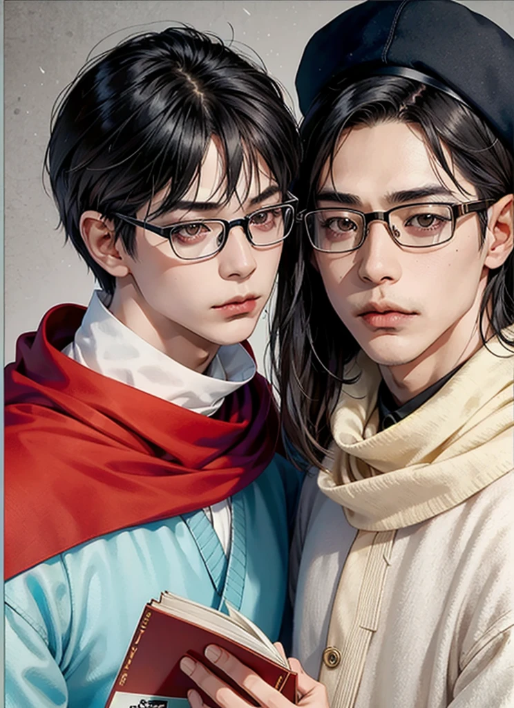 1boy, a picture inspired by Leng Mei, tumblr, shin hanga, with bangs, janice sung, wan adorable korean face, neat hair with bangs, only a few bangs of hair, the hime cut, with long hair, mole under left eye, eye glass, small rectangular glasses, eye glasses, eyeglasses, glasses frames, reading glasses, small square glasses, exaggerated details, layers, layered detailed, style of seb mckinnon, demna gvasalia, edited, 2 0 2 0 fashion, good looking face, max dennison, wearing a hat and scarf, a picture inspired by Hamish MacDonald, trending on pexels, photorealism, patrick westwood style