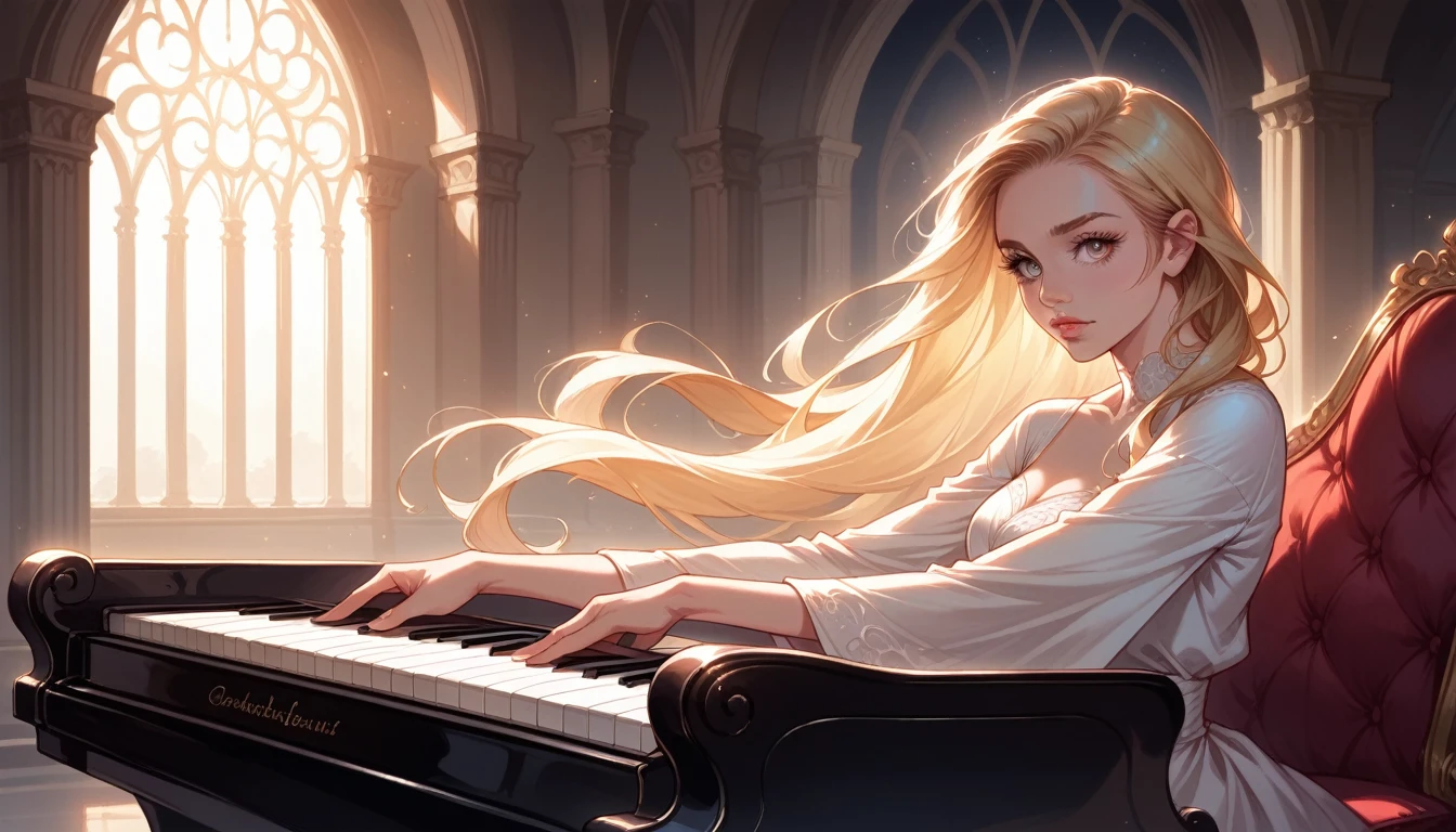 a blonde girl playing piano on the rooftop terrace at night, detailed portrait, beautiful detailed eyes, beautiful detailed lips, extremely detailed face, long eyelashes, elegant piano keys, moonlight, warm lighting, intricate architecture, cinematic composition, soft focus, vibrant colors, dramatic lighting, magical atmosphere, photorealistic, 8K, high quality, masterpiece