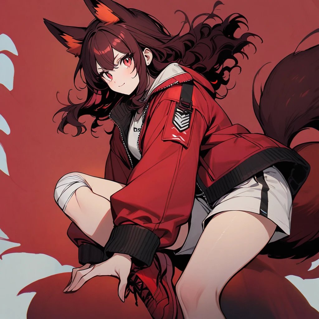 (well done:1) woman, short red, slightly wavy hair, red fox ears and tail, bulky red winter jacket with black details, white shirt, white shorts, bandage on the knee, red sneakers.