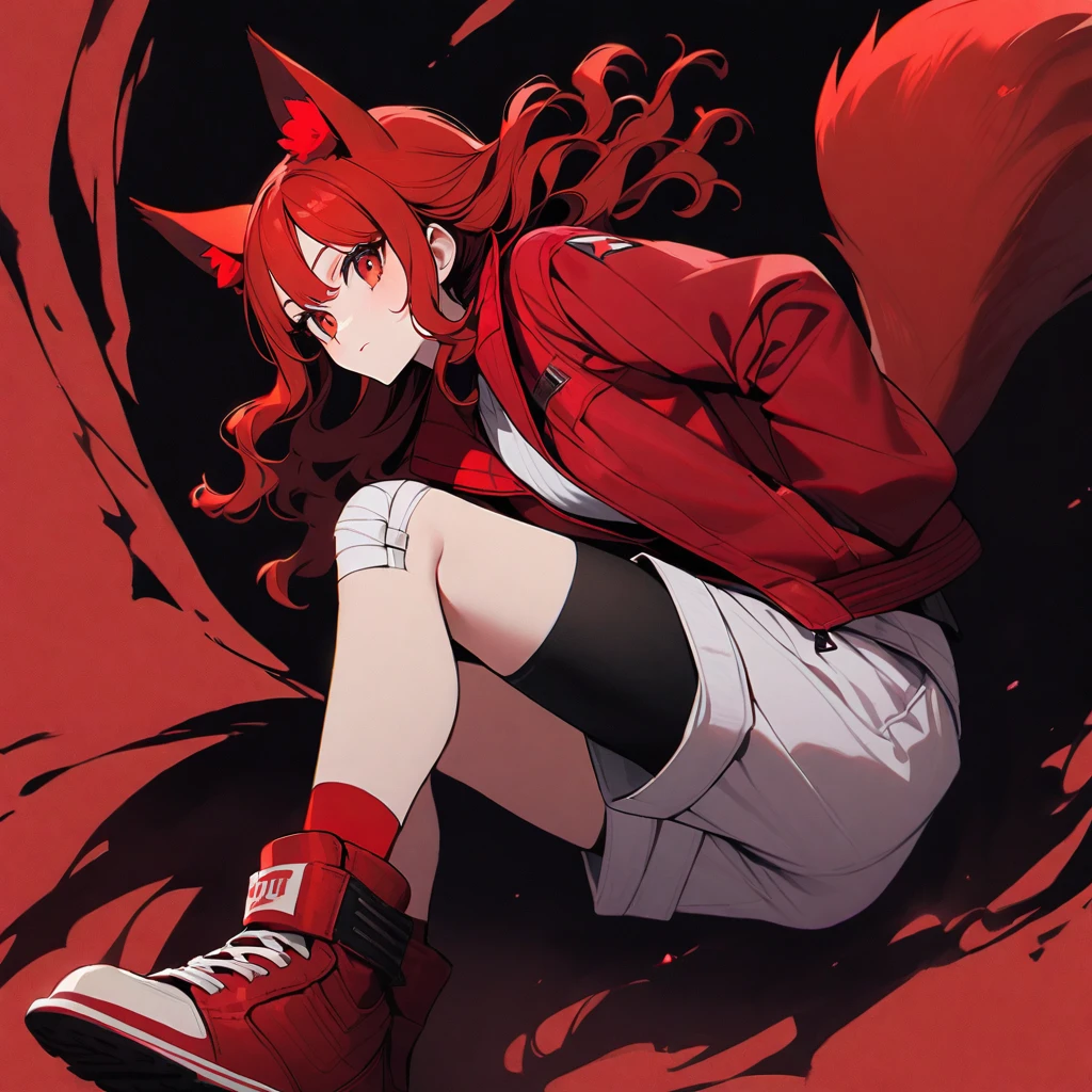 (well done:1) woman, short red, slightly wavy hair, red fox ears and tail, bulky red winter jacket with black details, white shirt, white shorts, bandage on the knee, red sneakers.