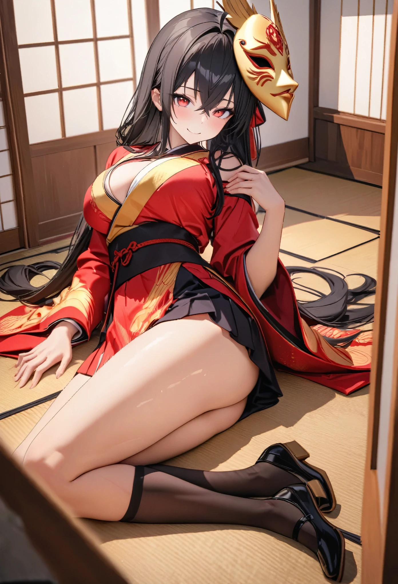 a woman using helm shoes, smile, crossed bangs ,Red eyes, red kimono, short hakama, skirt,golden phoenix mask on head. black socks, wide socks,wide sleeves,zetai ryouiki, black hair, long hair, pigtails, hair bows, ahoge, short kimono, shoulder to shoulder kimono, postured outside a traditional Japanese house, garden with Japanese aesthetics, big breasts,UHD , prime work , accurate , anatomically correct , textured skin , super details , high quality , best quality, 8k, high resolution, bokeh effect. (woman solo)