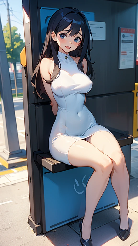 An excited girl waiting for the bus stop sitting with her body facing forward with her legs wide open wearing a very tight and very transparent dress naked showing her big tits and vagina and her arms behind her back 