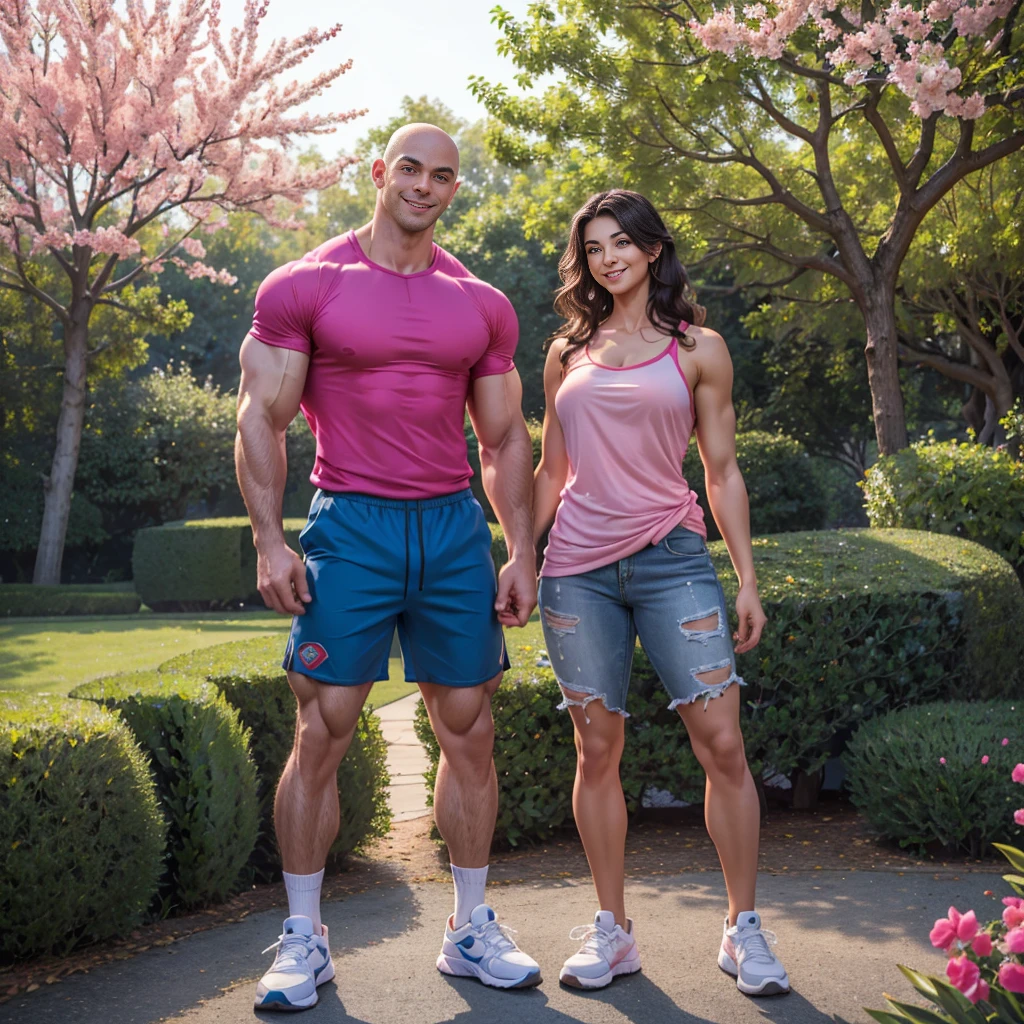 masterpiece, 8k, high resolution, best quality, ultra-detailed), 1 man and a woman together in the photo, the man is very tall, single, one person, bodybuilder, hot, perfect elongated face, handsome, bald, deep, detailed eyes, bald , shaved head, perfect body, 30 years old, muscular, very tall, pale skin, white skin, very tall (he is about 6 feet 5 inches, very muscular, smiling, sexual, winner, poses as a model, during the day, has light bright and dynamic sun, poses in a park with many trees and flowers, comfortable clothing, casual clothing, shirt, camisole, designer shirt, shorts, blue sneakers, all clothing Perfectly covers the extremely muscular body of the bodybuilder The man near the woman looking at each other, the man is taller than the woman A woman: Next to her is an Asian woman with a wavy face, smiling, long straight hair with curves at the ends, dressed in a pink t-shirt with short jeans, white socks and pink tennis shoes.