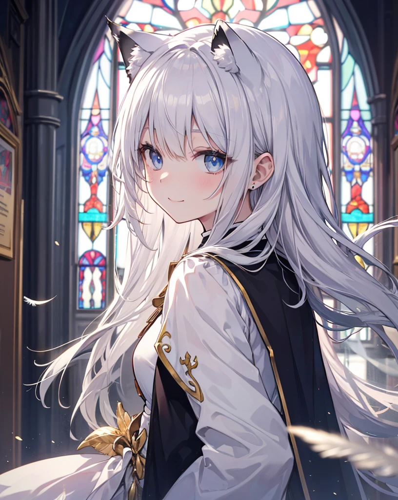 Very long hair、Silver Hair、Detailed sparkly eyes、Blue eyes、Three pairs of angel wings、Gold feather on head,smile、Embarrassing、Nervous smile、shine、reflected light、Film Grain、masterpiece、Textured Skin、Super Detail、High Detail、high quality、最high quality、High Resolution、16K、shine、Monastic Clothes、Nuns、church、Stained glass. ((neko ears)), ((silver fox tail)). Random dynamic action, she's a succubus in secrets. 