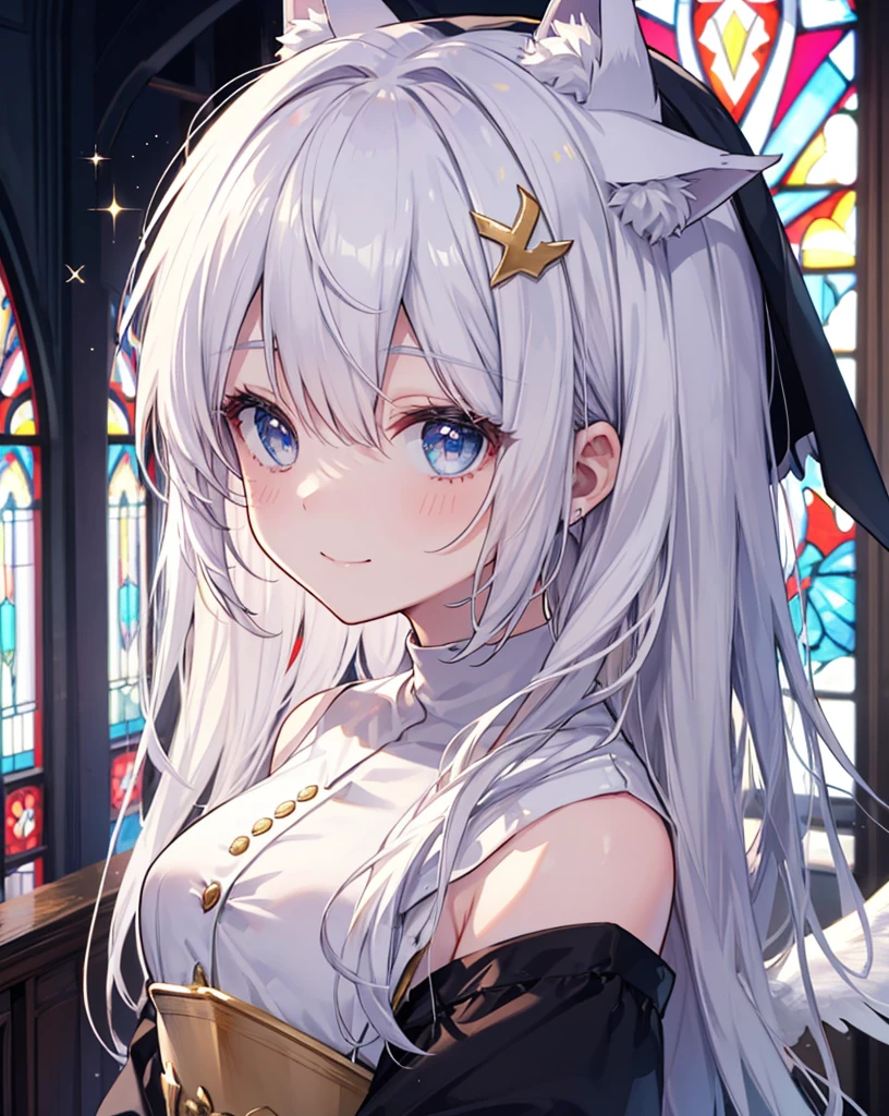 Very long hair、Silver Hair、Detailed sparkly eyes、Blue eyes、Three pairs of angel wings、Gold feather on head,smile、Embarrassing、Nervous smile、shine、reflected light、Film Grain、masterpiece、Textured Skin、Super Detail、High Detail、high quality、最high quality、High Resolution、16K、shine、Monastic Clothes、Nuns、church、Stained glass. ((neko ears)), ((silver fox tail)). Random dynamic action, she's a succubus in secrets. 