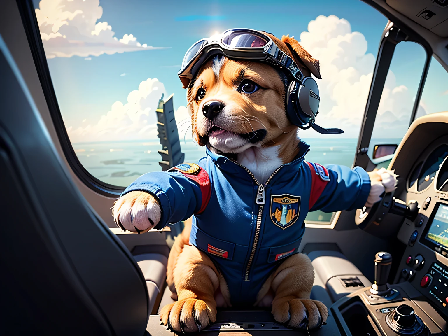 (A fighter jet piloted by a puppy is flying in the sky:1.5)、cockpit, Puppy pilot sits in the cockpit、 1 puppy、(Puppy pilot in the cockpit of a fighter jet:1.5)、(in flight:1.5)、(in flight:1.5)、(Puppy wearing a flight suit with helmet and goggles:1.5)、(Puppy in military pilot uniform:1.5)、(Fighter Pilot Puppy 1.5)、(Puppy controlling a joystick:1.5)、A fighter jet approaching from the right rear、(Fighter jets fly past the window:1.2)、(blue sky、White clouds below)、RAW Photos、Realistic、(Super detailed:1.2)、(High resolution:1.2)、masterpiece、(Highest quality)、8k、Ultra-Details、Detailed animal anatomy、Scenes from fantasy movies、(A world of dogs without humans)、(A fighter jet piloted by a puppy is flying in the sky:1.5)、(The puppy is properly seated in the cockpit:1.3)、(The puppy controls the control stick with his front paws:1.5)、(A fighter jet piloted by a puppy is flying in the sky:1.5)、I&#39;m not wearing a collar、(Detailed depiction of puppies wearing the correct uniforms and equipment)