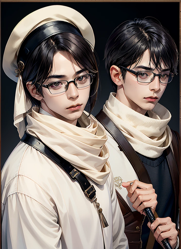 1boy, a picture inspired by Leng Mei, tumblr, shin hanga, with bangs, janice sung, wan adorable korean face, neat hair with bangs, only a few bangs of hair, the hime cut, with long hair, mole under left eye, eye glass, small rectangular glasses, eye glasses, eyeglasses, glasses frames, reading glasses, small square glasses, exaggerated details, layers, layered detailed, style of seb mckinnon, demna gvasalia, edited, 2 0 2 0 fashion, good looking face, max dennison, wearing a hat and scarf, a picture inspired by Hamish MacDonald, trending on pexels, photorealism, patrick westwood style