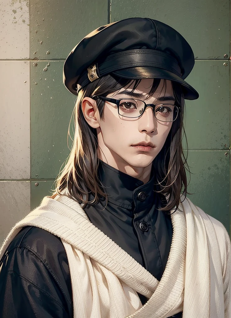 1boy, a picture inspired by Leng Mei, tumblr, shin hanga, with bangs, janice sung, wan adorable korean face, neat hair with bangs, only a few bangs of hair, the hime cut, with long hair, mole under left eye, eye glass, small rectangular glasses, eye glasses, eyeglasses, glasses frames, reading glasses, small square glasses, exaggerated details, layers, layered detailed, style of seb mckinnon, demna gvasalia, edited, 2 0 2 0 fashion, good looking face, max dennison, wearing a hat and scarf, a picture inspired by Hamish MacDonald, trending on pexels, photorealism, patrick westwood style