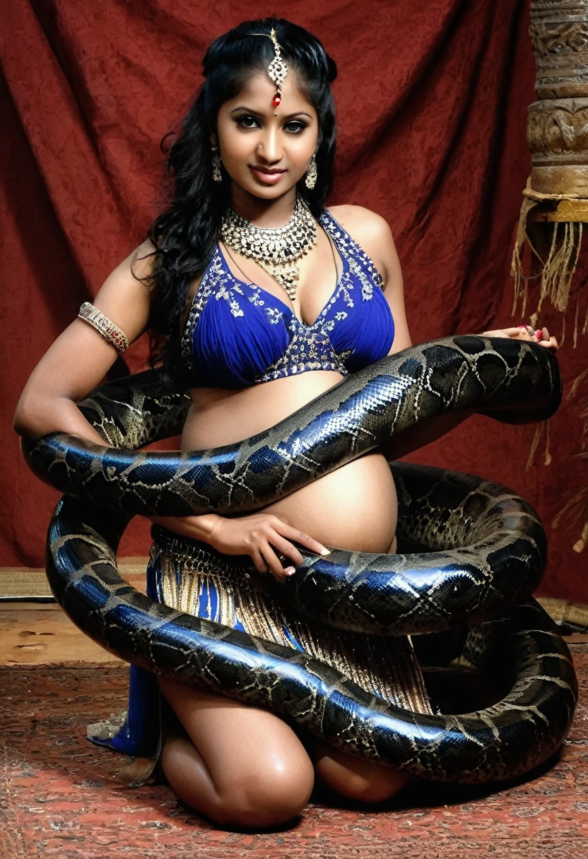 Pregnant  Happy Horny, aroused 1girl), beautiful kneeling Indian  young  belly dancer girl  with  giant colossal black titanboa squeezing her hard, wrapped in thick spiraling coils, constricted, struggle, gasping for air, snake attack, snake peril,