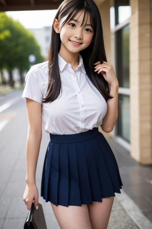 masterpiece, Highest quality, 8k, Young and beautiful girl, *********、着衣Big Breasts、((((((************)))))),((Large Breasts:1.3)), photo shoot, Cute Face, Thighs,、smile, 10 generations, Detailed face, Background blur、Long Hair、Chestnut Hair、Big Breasts、Cleavage、Tight waist,((White collared shirt))mini skirt、Navy Pleated Skirt、high school girl、necklace