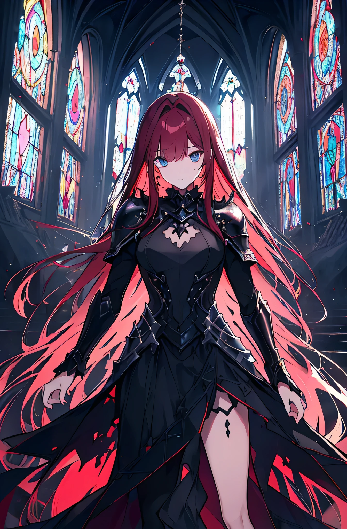 extremelydetailedwallpaper, Ultra-detailed details, detailed shadow, very precise detail, Extremely detailed 8k wallpaper, very fine 8KCG wallpapers,An old abandoned church. Her black dress was torn and stained in some places. red hair was long and fluffy. Light enters through cracked stained glass windows.((black knight costume)),