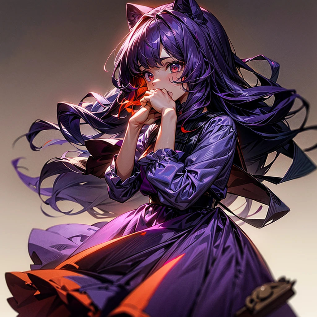 ???, 1girl, standing, holding a teddy bear, worried, glowing red eyes, dark purple hair, wavy long hair, wearing a cute purple dress, masterpiece, 8k, ultra-detailed, perfect hands,  very short, walling down, (((no background)))