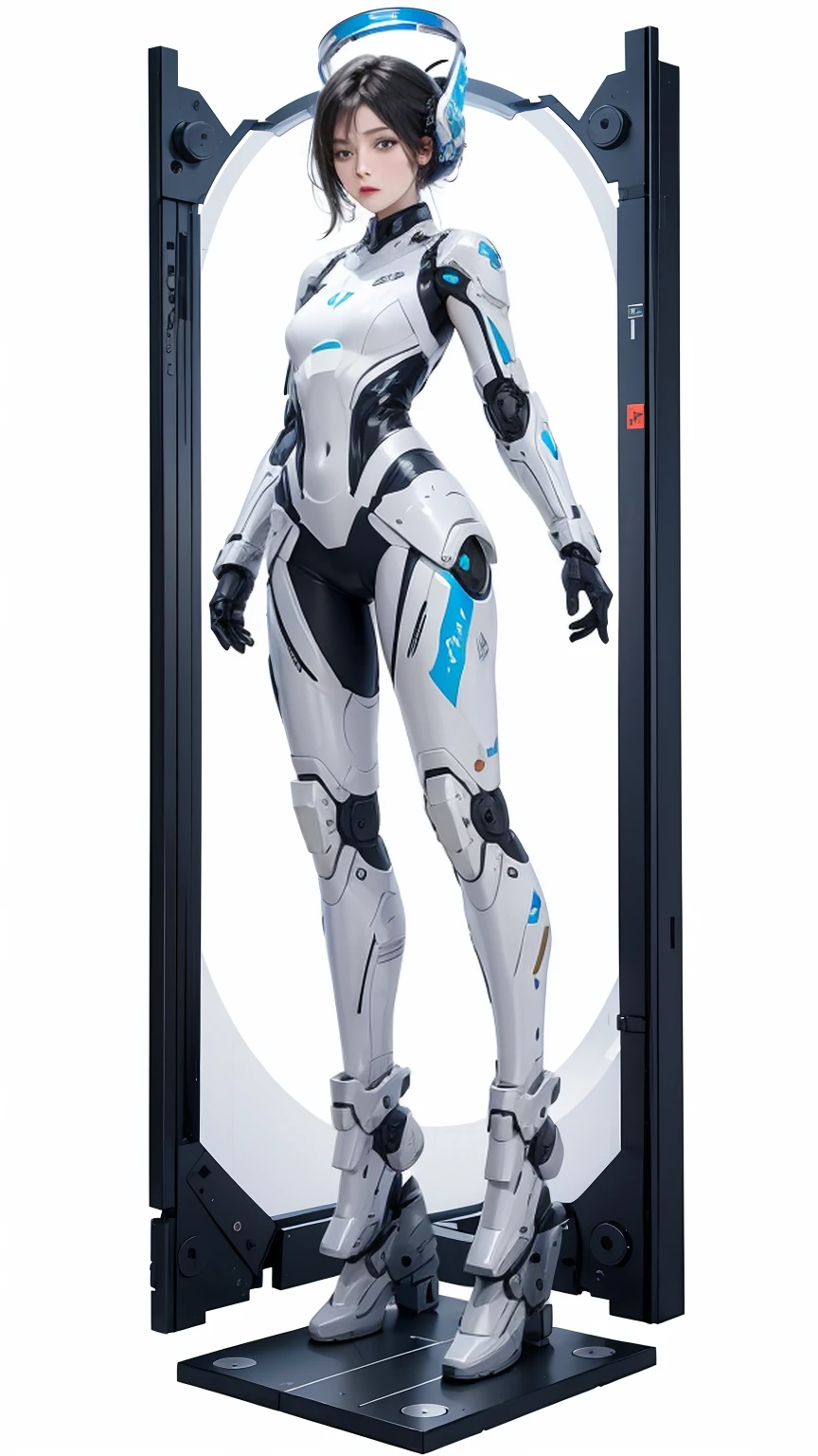 ((Full body photo, standing, feet on the ground)) Realism, high resolution, 1 womone, robot, mechanical girl, mechanical parts, mechanical halo, simple mechanical jumpsuit, all A, white mechanical suit, simple and clean, white background, full body,