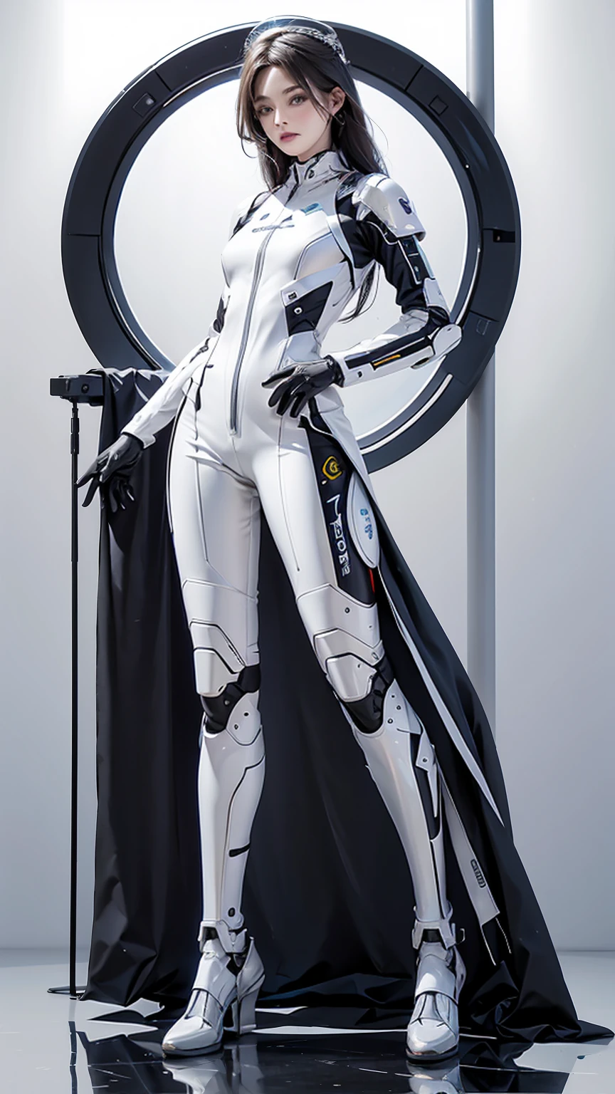 ((Full body photo, standing, feet on the ground)) Realism, high resolution, 1 womone, robot, mechanical girl, mechanical parts, mechanical halo, simple mechanical jumpsuit, all A, white mechanical suit, simple and clean, white background, full body,