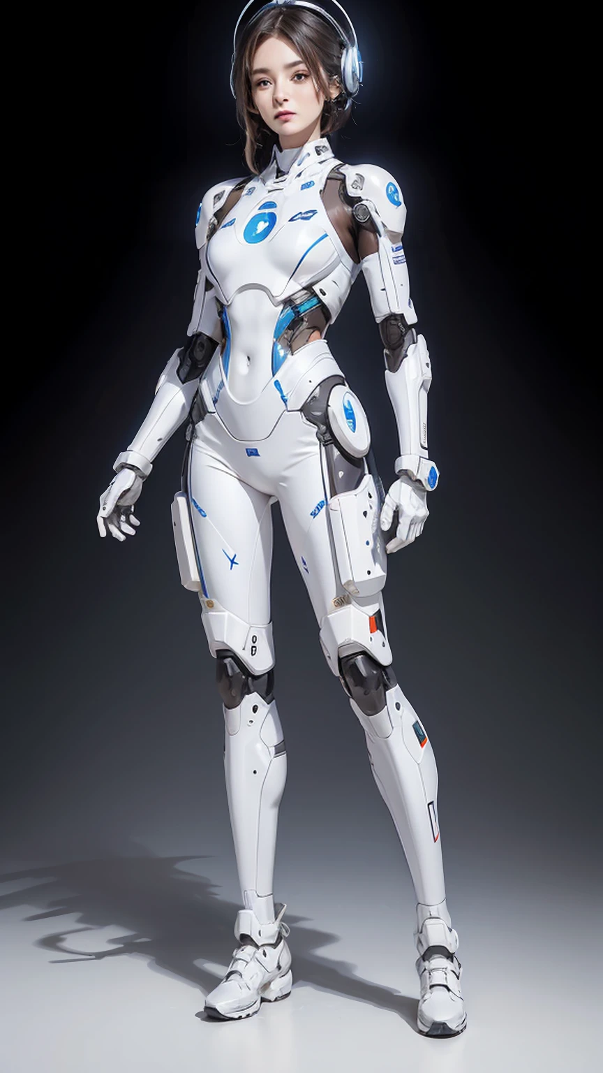 ((Full body photo, standing, feet on the ground)) Realism, high resolution, 1 womone, robot, mechanical girl, mechanical parts, mechanical halo, simple mechanical jumpsuit, all A, white mechanical suit, simple and clean, white background, full body,