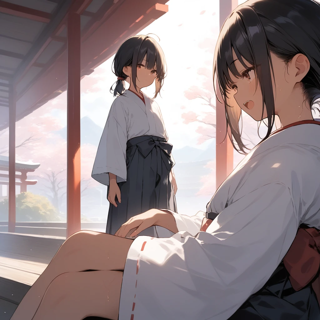 score_9, score_8_up, score_7_up, source_anime, best quality, masterpiece, official art, absurdres, highres, ultra-detailed,waifu2x,Collection: Slice of Life,break,1girl, tomboy, dark-skinned female, short hair, low ponytail, flat chest, beautiful detailed eyes, miko, hakama, sweat, open mouth, (yawn:0.3), sleepily, outdoors, shrine, wind,break,(clear line illustration:1.2), super detailed skin,very high resolution, very aesthetic, Best sexual lighting powered by famous artist, 8k,cute picture,beauty illustration,photoshop_(medium),,(Detailed Lighting),best anime 8k konachan wallpaper, pixiv contest winner,