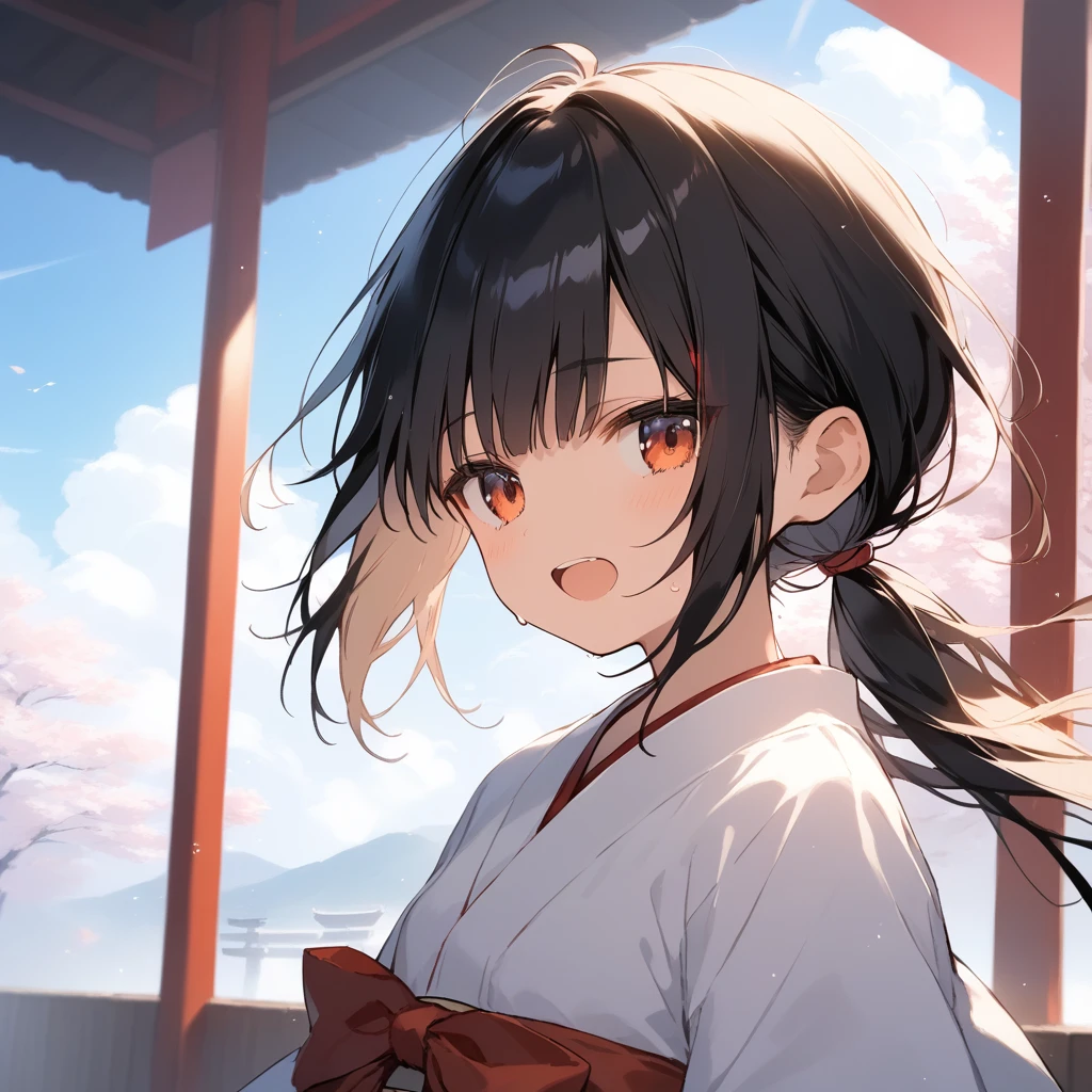 score_9, score_8_up, score_7_up, source_anime, best quality, masterpiece, official art, absurdres, highres, ultra-detailed,waifu2x,Collection: Slice of Life,break,1girl, tomboy, dark-skinned female, short hair, low ponytail, flat chest, beautiful detailed eyes, miko, hakama, sweat, open mouth, (yawn:0.3), sleepily, outdoors, shrine, wind,break,(clear line illustration:1.2), super detailed skin,very high resolution, very aesthetic, Best sexual lighting powered by famous artist, 8k,cute picture,beauty illustration,photoshop_(medium),,(Detailed Lighting),best anime 8k konachan wallpaper, pixiv contest winner,