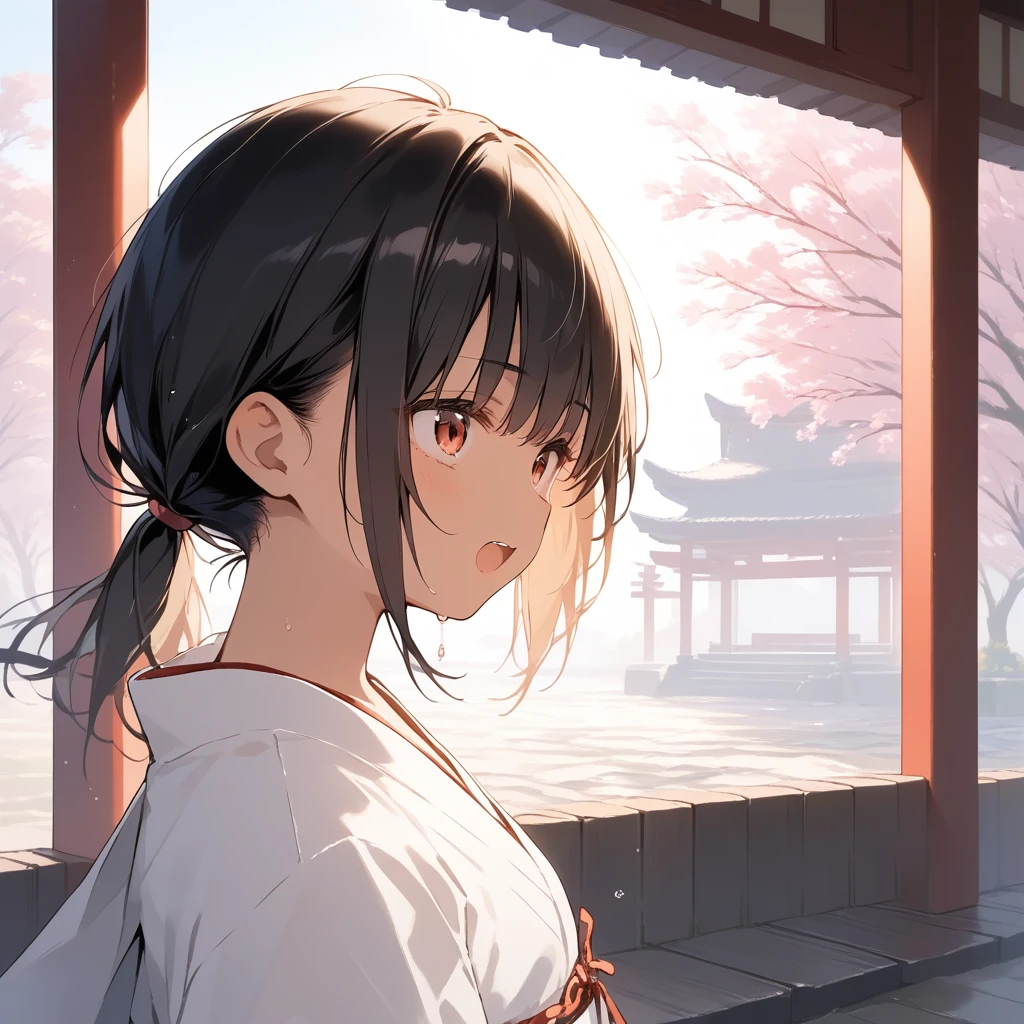 score_9, score_8_up, score_7_up, source_anime, best quality, masterpiece, official art, absurdres, highres, ultra-detailed,waifu2x,Collection: Slice of Life,break,1girl, tomboy, dark-skinned female, short hair, low ponytail, flat chest, beautiful detailed eyes, miko, hakama, sweat, open mouth, (yawn:0.3), sleepily, outdoors, shrine, wind,break,(clear line illustration:1.2), super detailed skin,very high resolution, very aesthetic, Best sexual lighting powered by famous artist, 8k,cute picture,beauty illustration,photoshop_(medium),,(Detailed Lighting),best anime 8k konachan wallpaper, pixiv contest winner, 