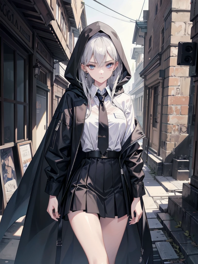 absurdres, RAW photo, extremely delicate and beautiful, masterpiece, Best Quality, ultra high resolution, 32k, hyperrealistic, ultra-detailed, perfect anatomy, anatomically correct, perfect figure, Perfect Style, Perfect balance, super Detailed skin, in her 30s, very Slim body, narrow waist, very small head, very small face, delicate facial features, handsome detailed woman, very detailed eyes and face, realistic face proportions, Realistic beautiful face, Realistic beautiful eyes, tearful mole, earring, big tits, full body shot, medium hair, outdoor, grim reaper, hooded robe, dark scythe, school_uniform, blazer, shirt, skirt, tie, (Destroyed place:1.2),