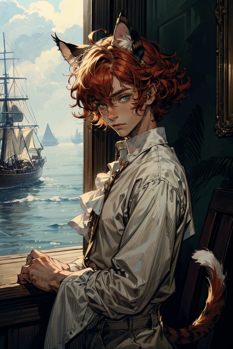 1 boy, upper body, red fluffy hair, ((some big cat ears)), green eyes, long eyelashes, beautiful detailed eyes, White shirt, pirate setting, maritime atmosphere, (cat tail), soft light, beautiful detailed nose, 8 K, masterpiece, I look at the viewer