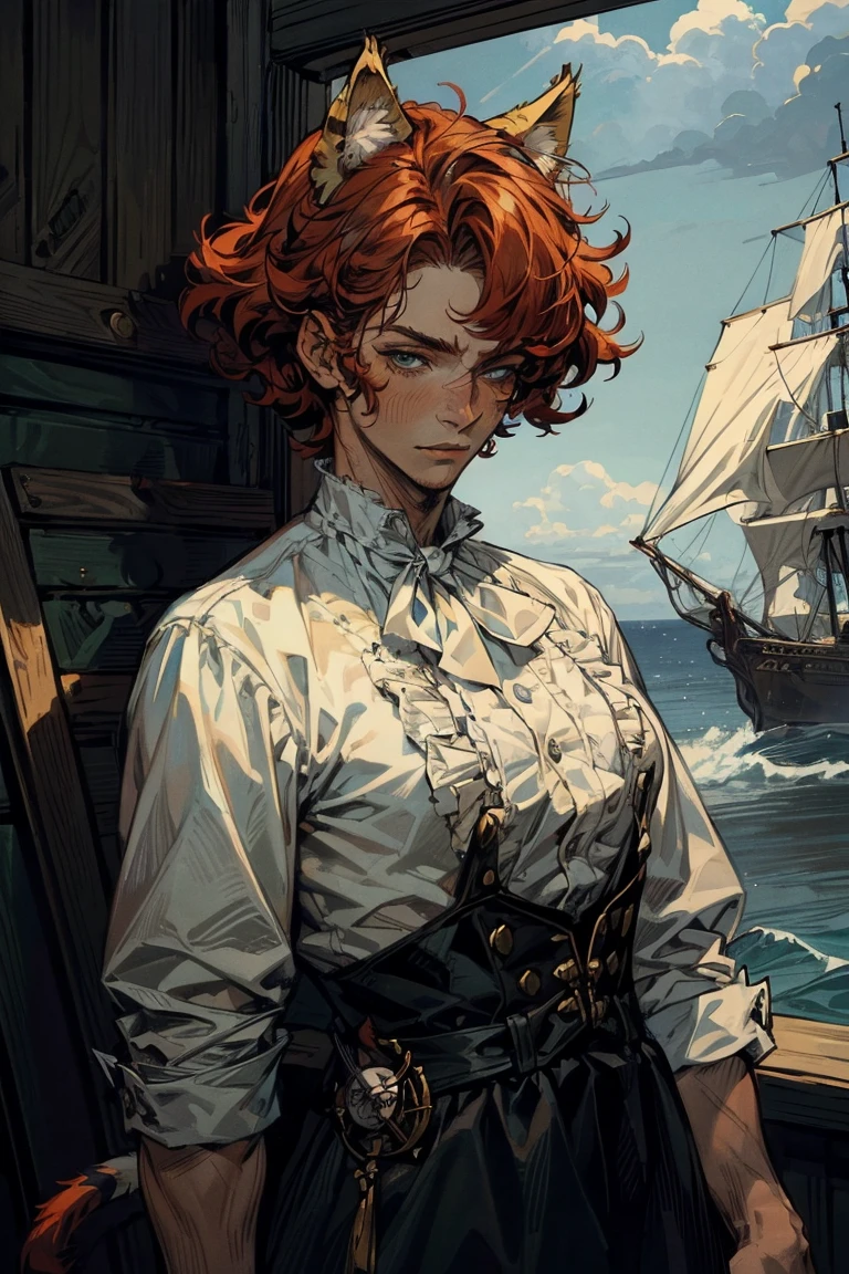 1 boy, upper body, red fluffy hair, ((some big cat ears)), green eyes, long eyelashes, beautiful detailed eyes, White shirt, pirate setting, maritime atmosphere, (cat tail), soft light, beautiful detailed nose, 8 K, masterpiece, I look at the viewer
