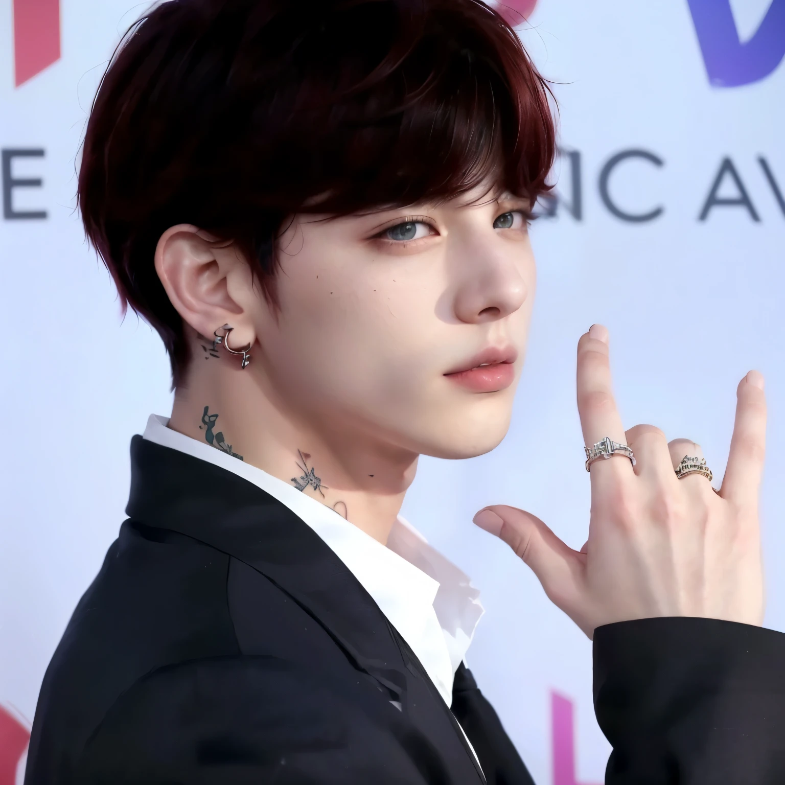 a close-up of a person with a ring on their finger, , Jungkook bts, light red hair, greeneyes, piercing na boca, piercing no nariz, eyebrow piercing, Jungkook bts, Jungkook bts, Jk bts, tattoo on hand, Neck tatoo