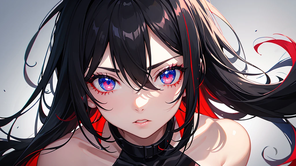 make a girl with black hair and red and blue eyes with Red lighting around her