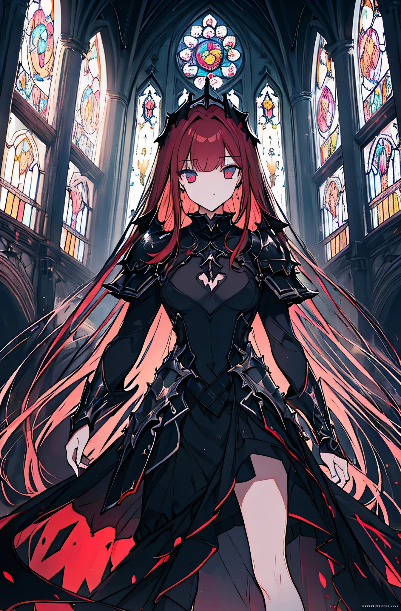 extremelydetailedwallpaper, Ultra-detailed details, detailed shadow, very precise detail, Extremely detailed 8k wallpaper, very fine 8KCG wallpapers,An old abandoned church. Her black dress was torn and stained in some places. red hair was long and fluffy. Light enters through cracked stained glass windows.((black knight costume)),