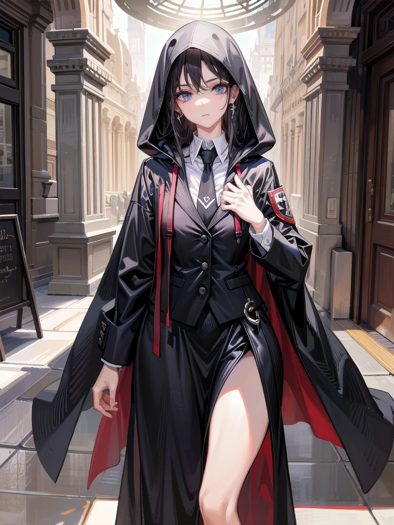 absurdres, RAW photo, extremely delicate and beautiful, masterpiece, Best Quality, ultra high resolution, 32k, hyperrealistic, ultra-detailed, perfect anatomy, anatomically correct, perfect figure, Perfect Style, Perfect balance, super Detailed skin, in her 30s, very Slim body, narrow waist, very small head, very small face, delicate facial features, handsome detailed woman, very detailed eyes and face, realistic face proportions, Realistic beautiful face, Realistic beautiful eyes, tearful mole, earring, big tits, full body shot, medium hair, indoor, grim reaper, hooded figure with a scythe, school_uniform, blazer, shirt, skirt, tie,