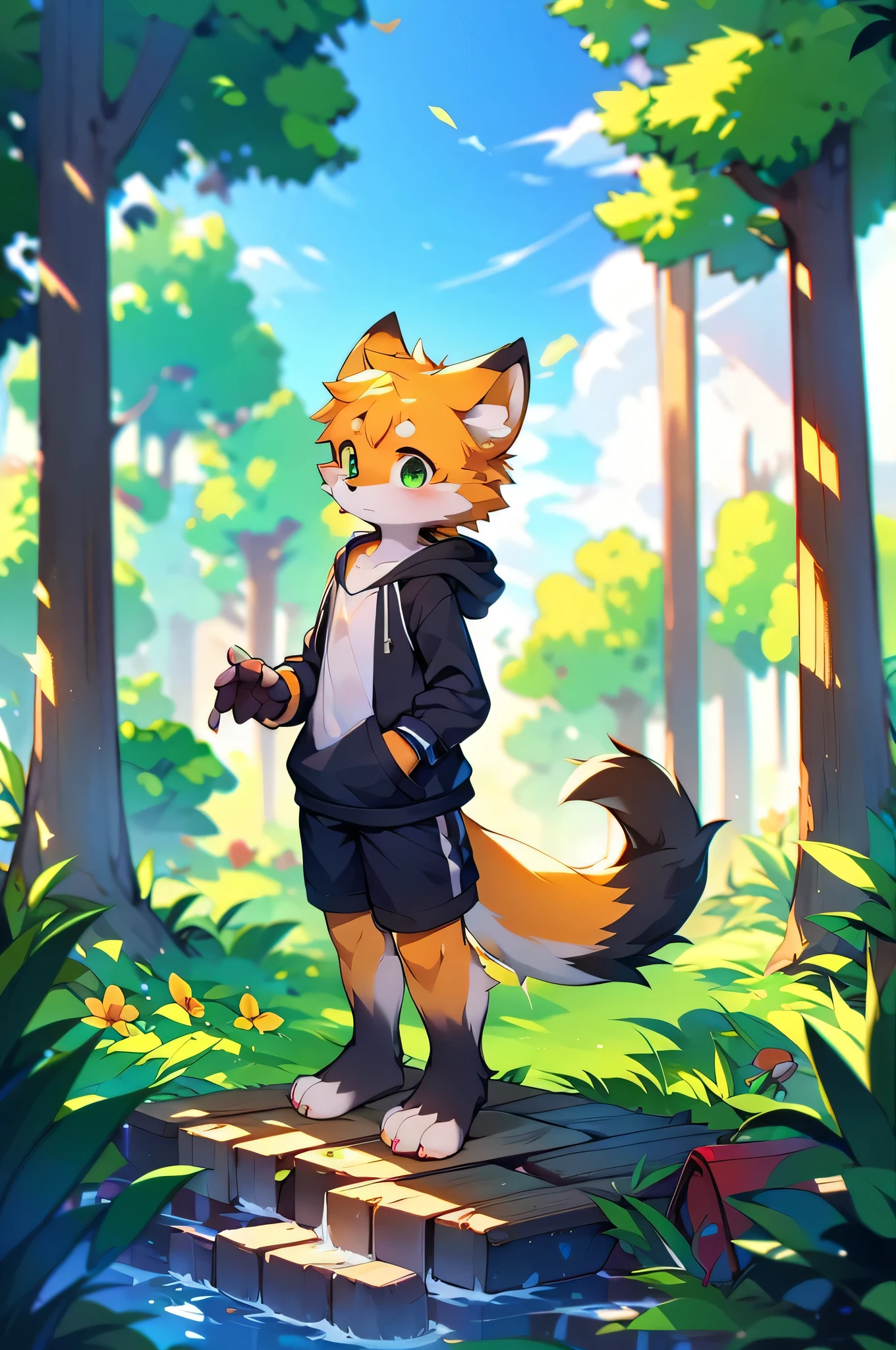 Furry,Fox,boy,8k resolution,最High resolution,                   High resolution,Wearing a hoodie,Green Eyes,summer,Stand on your feet,Two legs,Five fingers on a hand,Five toes,tall,：tall stature,fit,medium,Standard