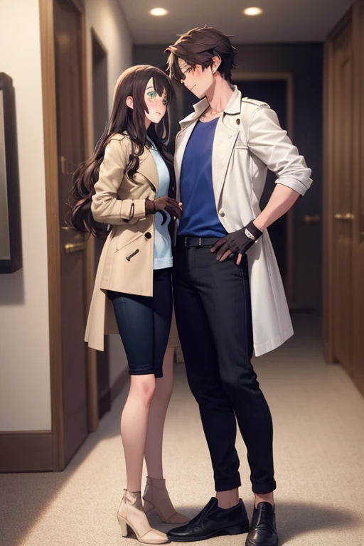 ((best quality)), ((masterpiece)), (detailed), a couple, a boy and a girl, 1 boy, full body, 19 years old, brown hair with white tips, long hair, bangs, green eyes, mischievous smile, tall and thin, thin, long beige trench coat, open trench coat, black fingerless gloves, white wristbands, white t-shirt with blue I-shaped emblem, letter I, black pants, 1 girl, full body, 19 years old, young adult, somewhat short, purple eyes, brown hair, somewhat wavy hair, long hair, lock of hair on forehead, embarrassed face, blushing, scientist's coat, blue shirt, black pants, looking at each other face to face, romantic moment, room background, anime
