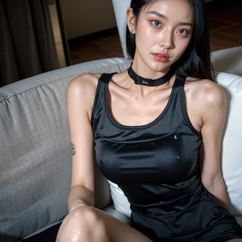 best quality, beautiful shape, ultra high res, (photorealistic:1.4), perfect girl, pretty girl, tanktop black shirt, black tight skirt, black choker, (faded ash gray hair:1), medium breasts, looking at viewer, closeup, (pretty face) , southeast asia girl. 