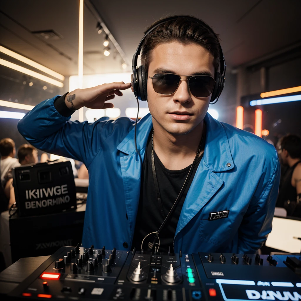 25 year old male DJ, glad, blue sunglasses and large headphones, playing a rave.