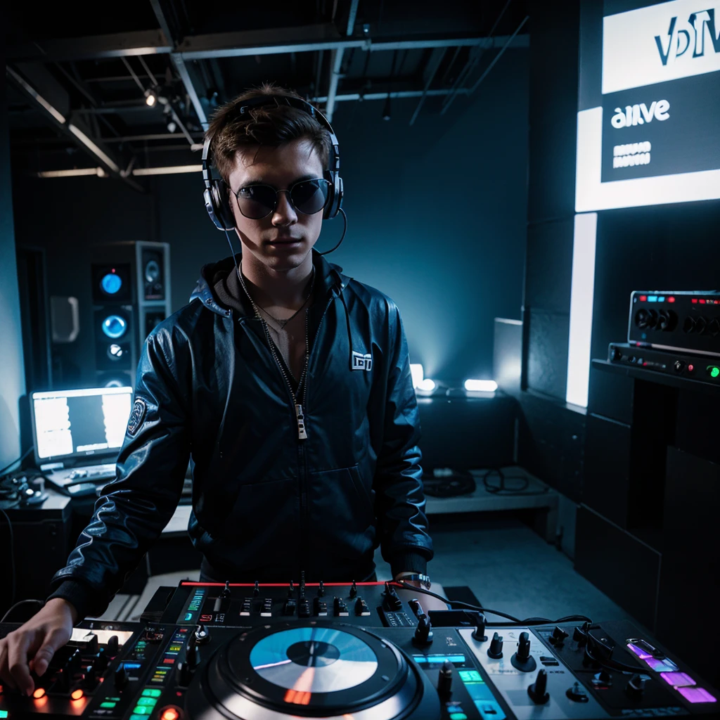 25 year old male DJ, glad, blue sunglasses and large headphones, playing a rave.