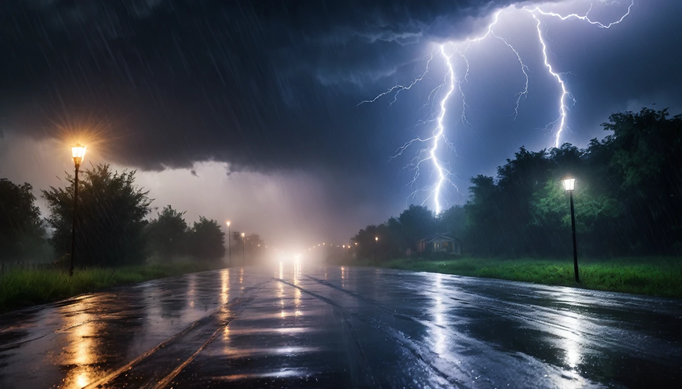 Scary One Night Horror Image, rainy,  with Image of lightning, PICTURE REALISTIC, high resolution, 8k 