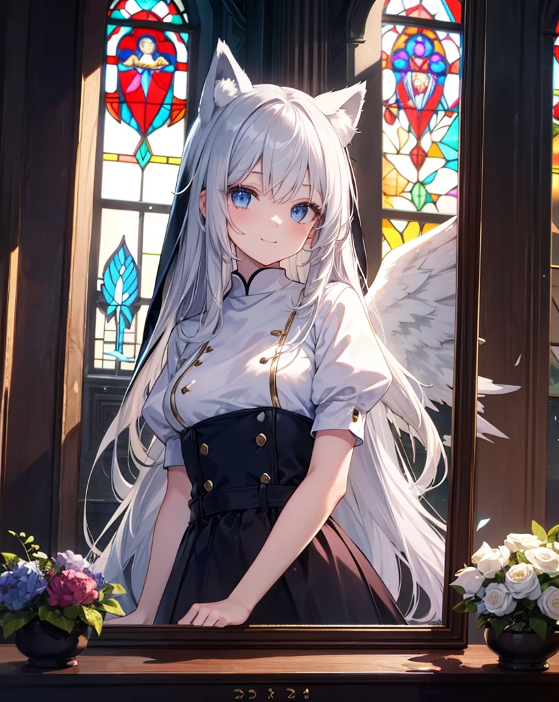 Very long hair、Silver Hair、Detailed sparkly eyes、Blue eyes、Three pairs of angel wings、Embarrassing、Nervous smile、shine、reflected light、ultra clear digital painting、 anime masterpiece、Textured Skin、Super Detail、High Detail、high quality、最high quality、High Resolution、16K、shine、Monastic Clothes、Nuns、church、Stained glass. ((neko ears)), ((silver fox tail)), she's playing the piano while lots of white and black feather are falling from the sky. HDR, lots of light effects and lightflare. she's skinny with medium breasts.