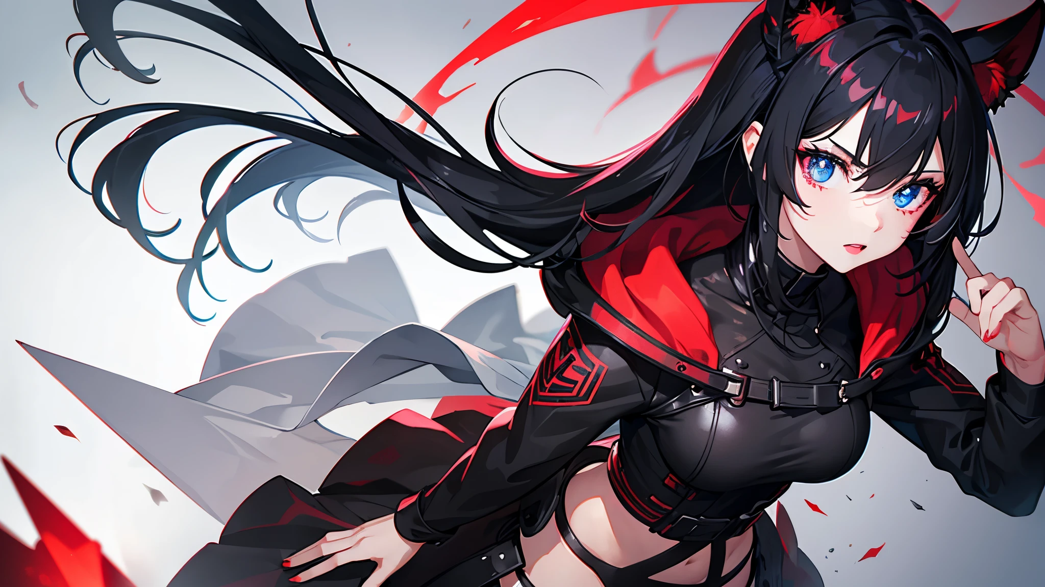 make a girl with black hair and red and blue eyes with Red lighting around her