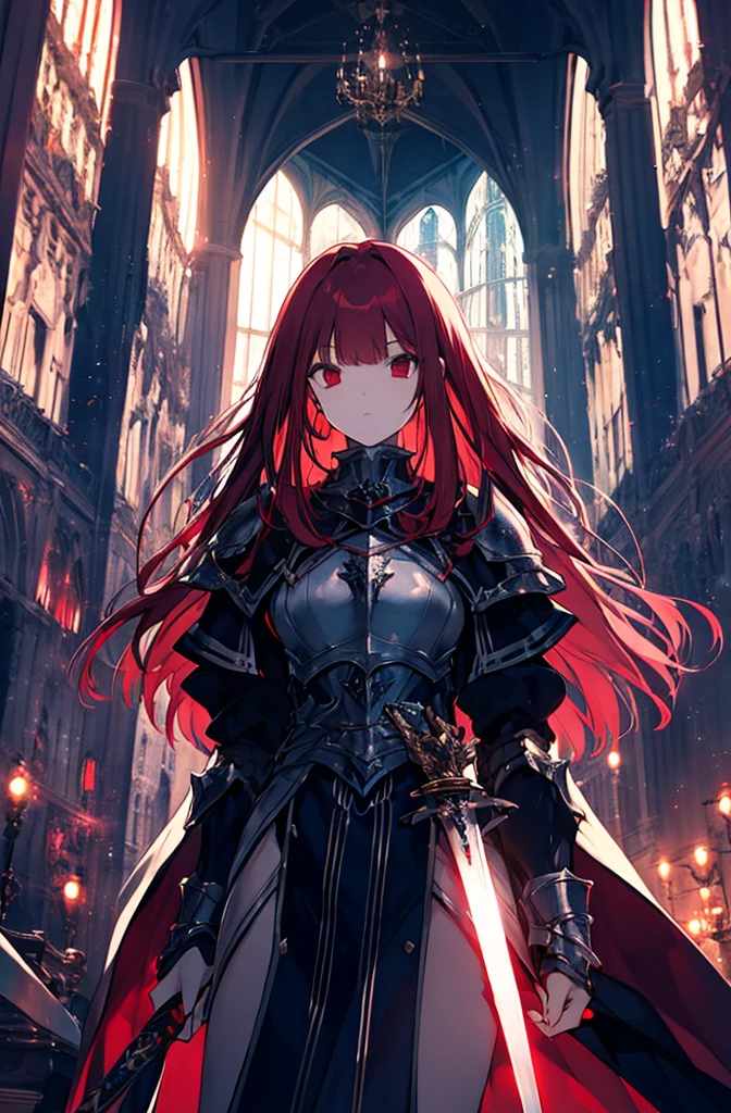 4k,hight resolution,One Woman,Bright red hair,Longhaire,red eyes,knights,white sacred armor,jewel decorations,Big sword,medieval town,furious,