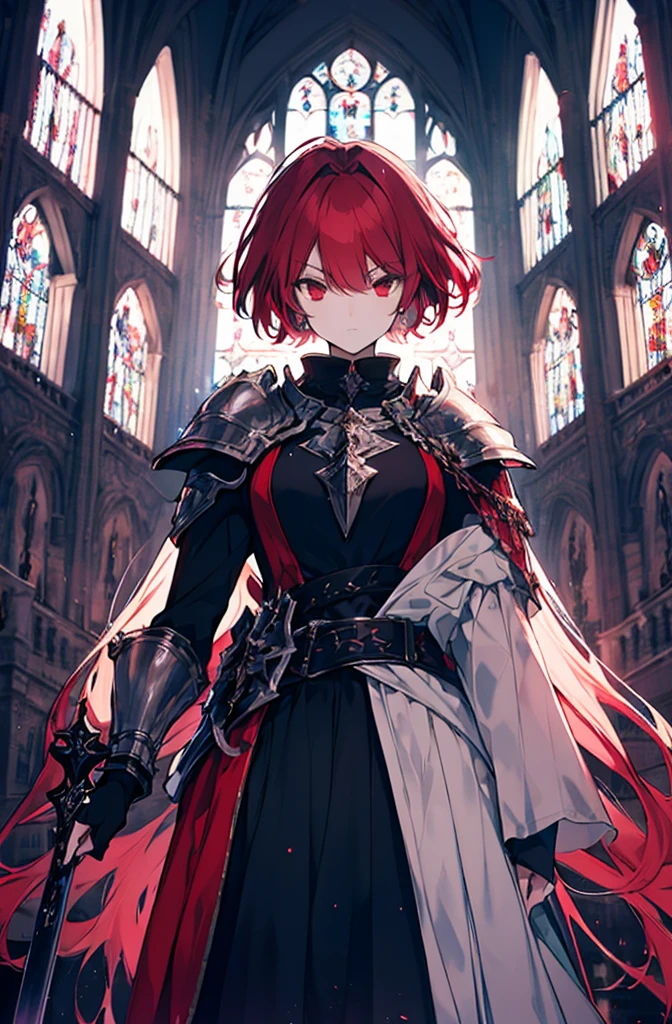 4k,hight resolution,One Woman,Bright red hair,Longhaire,red eyes,knights,white sacred armor,jewel decorations,Big sword,medieval town,furious,