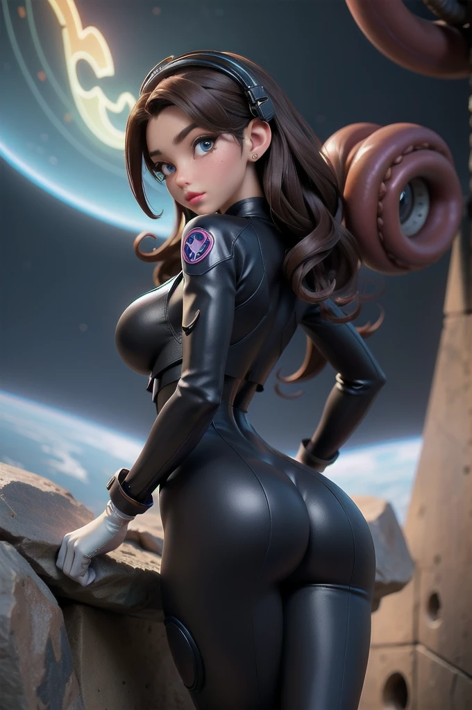 1 girl, Ass view pose from below, sigh, Work, of the, by the wide, Brown hair, headphones, mustache marks, shoulder pads, blue Monkey, ribbed bodysuit, animal footprint, clothing writing, long sleeves, white gloves, ((detailed)), ((Best Quality)), ((masterpiece)), extremely detailed CG unity 8k wallpaper, 32K, sharp focus, photo of Perfect eyes, Perfect eyes , ((voluptuous hourglass)), (slim and fit), standing straight sticking out her butt a little, (hottest mech pilot on earth prepparing to go on a mission), ((intergalactic male pervert monsters around her with tentacles trying to grab her)), ((she has a laser pistol and is shotting the monsters))
